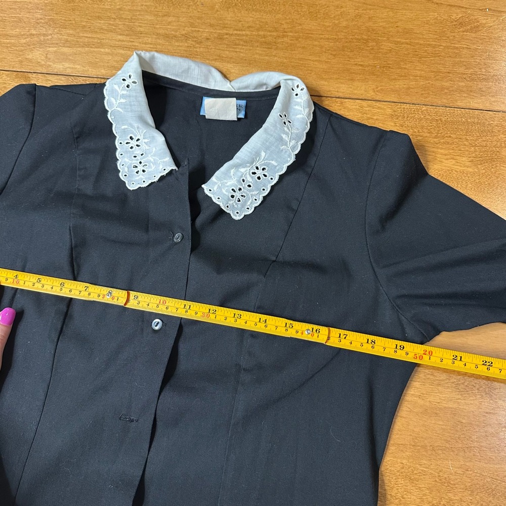 VTG 60s/70s Black Nurses Dress Womens 14 Lace PeterPan Collar Wednesday Addams - Picture 16 of 16
